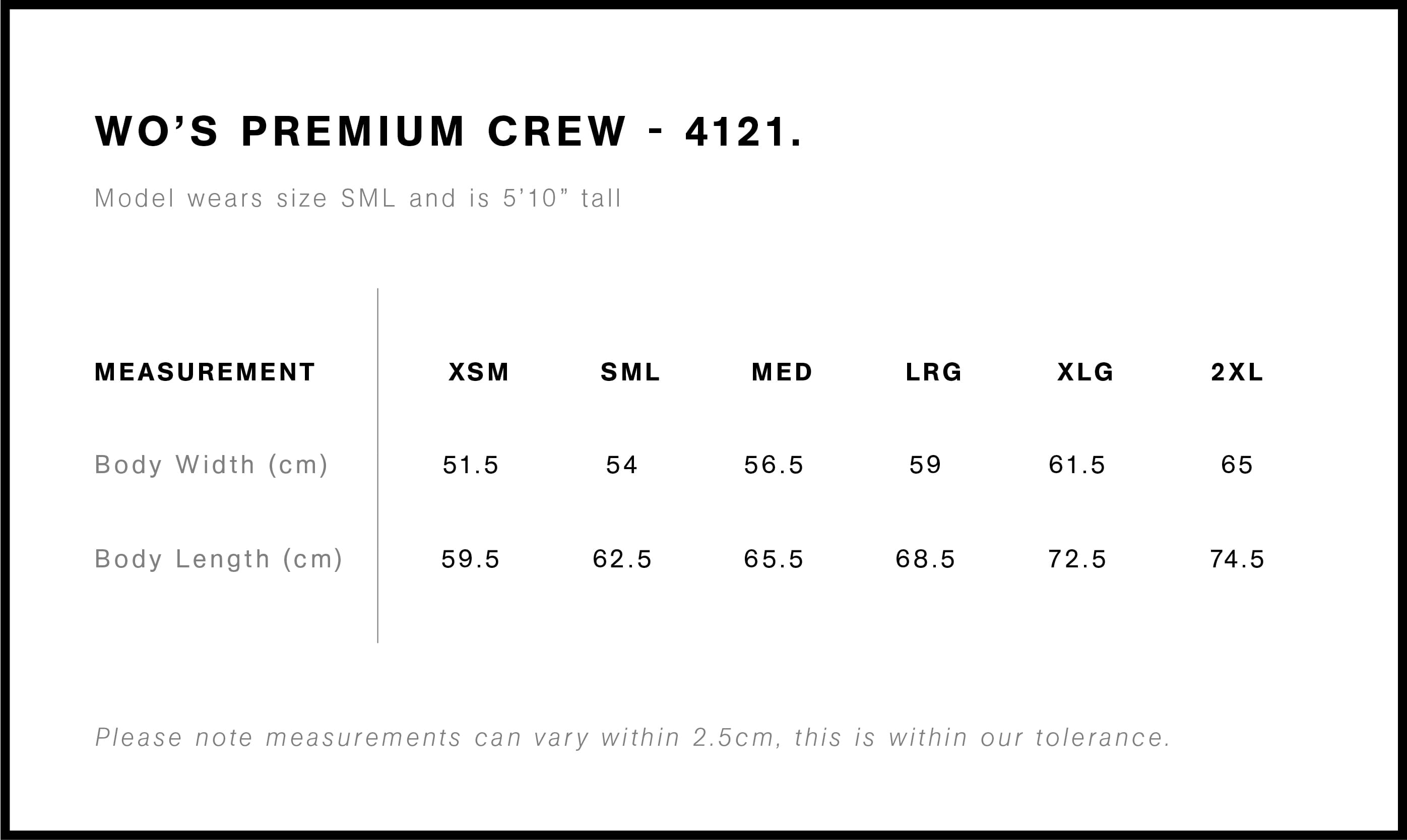 Women's Premium Crew size guide