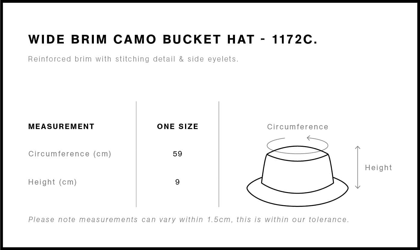 Wide Brim Camo Bucket Hat size guide
