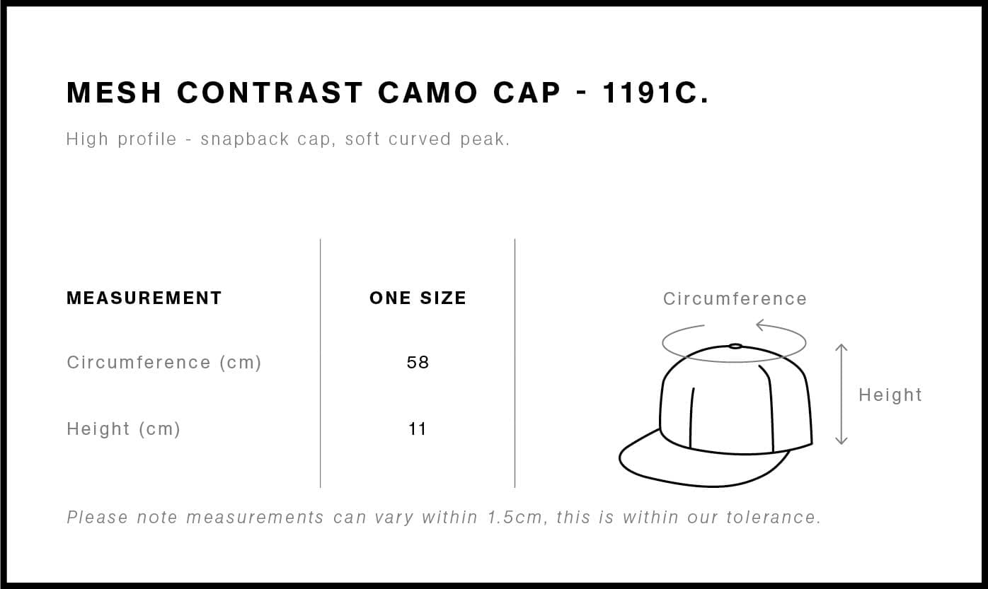 Mesh Contrast Camo Cap size guide