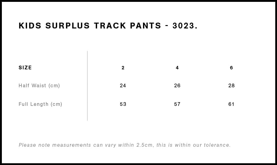 Kids Supply Track Pants size guide
