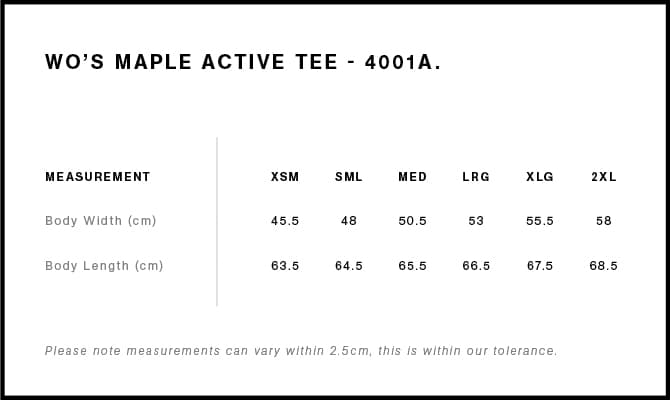 Women's Maple Active Tee size guide