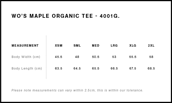 Women's Maple Organic Tee size guide