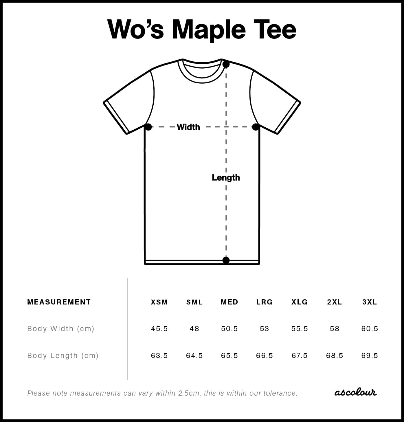Women's Maple Tee size guide