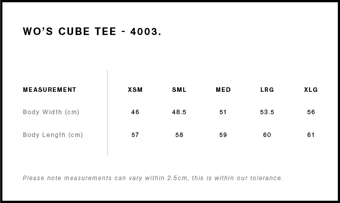 Women's Cube Tee size guide