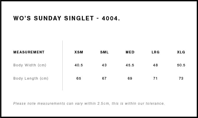 Women's Sunday Singlet size guide