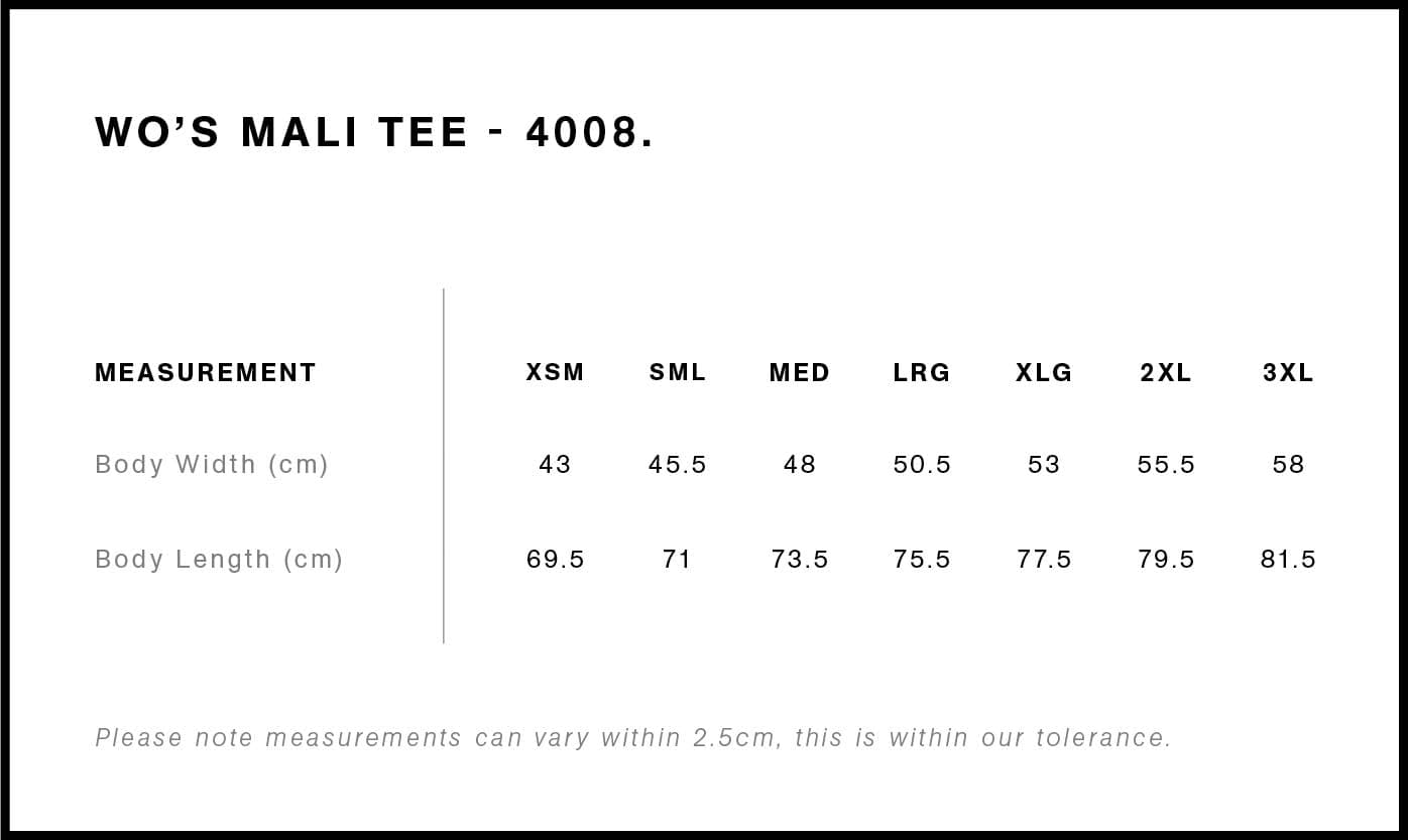 Women's Mali Tee size guide