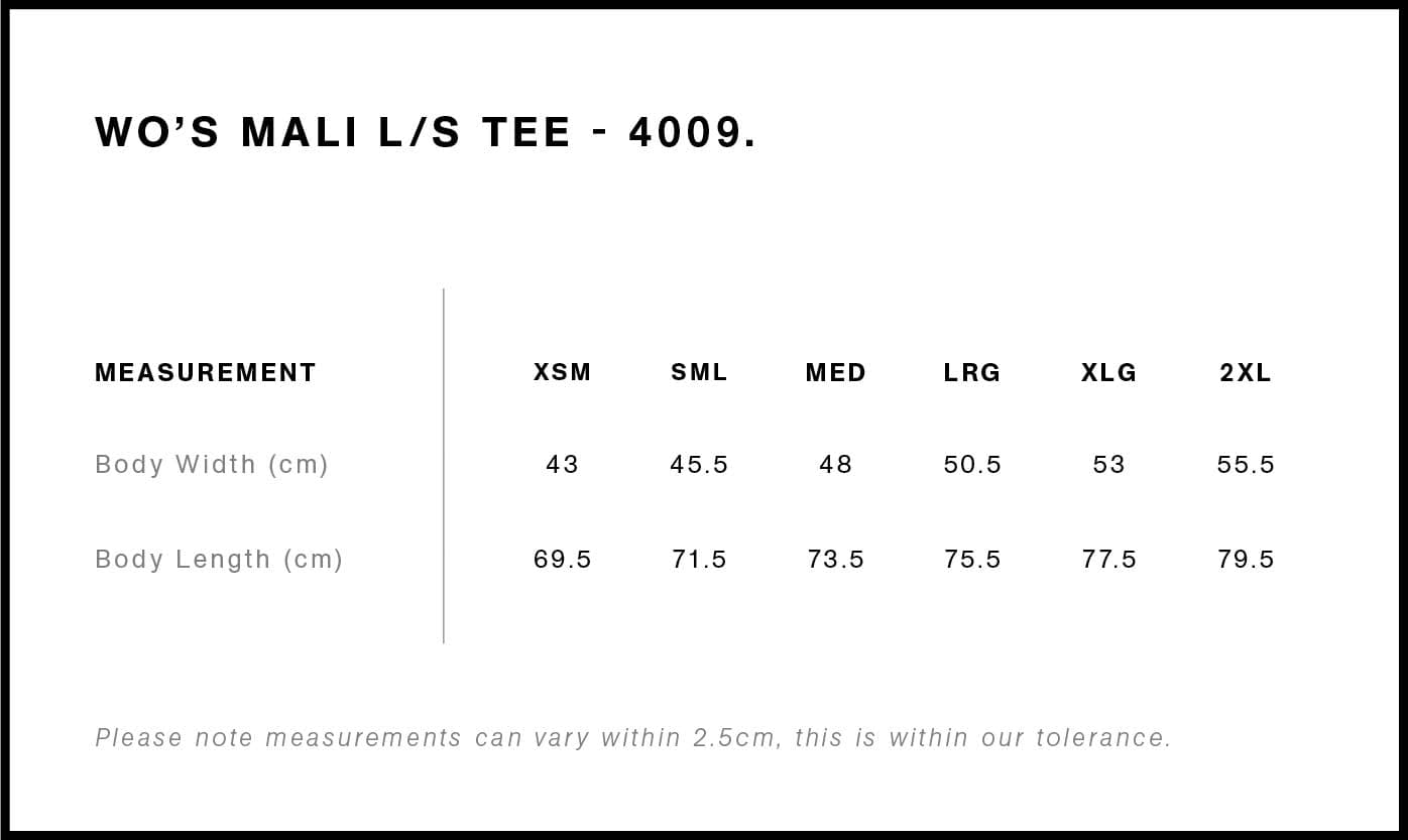 Women's Mali L/S Tee size guide