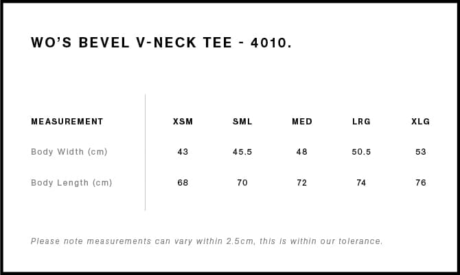 Women's Bevel V Neck Tee size guide