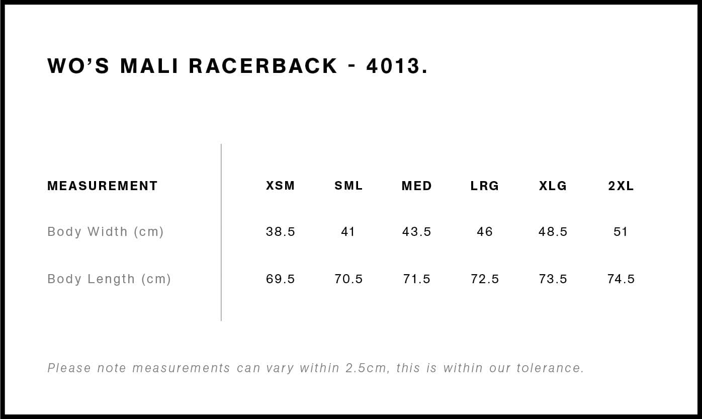 Women's Mali Racerback size guide