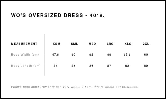 Women's Oversized Dress size guide