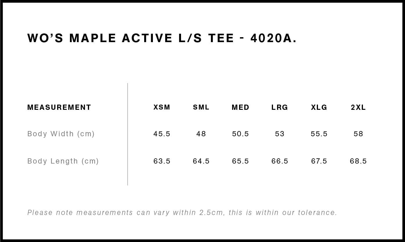 Women's Maple Active L/S Tee size guide