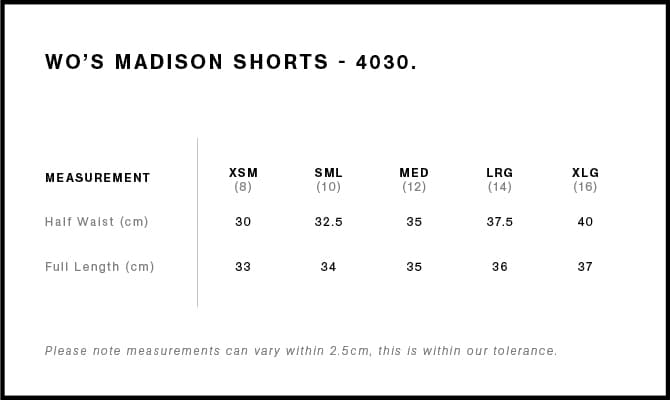 Madison Shorts size guide
