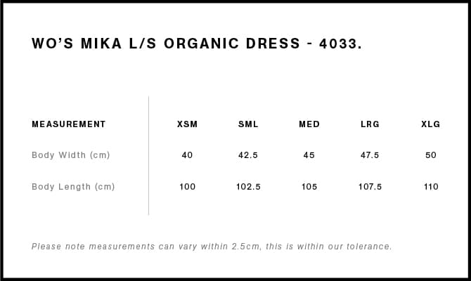 Women's Mika Organic L/S Dress size guide