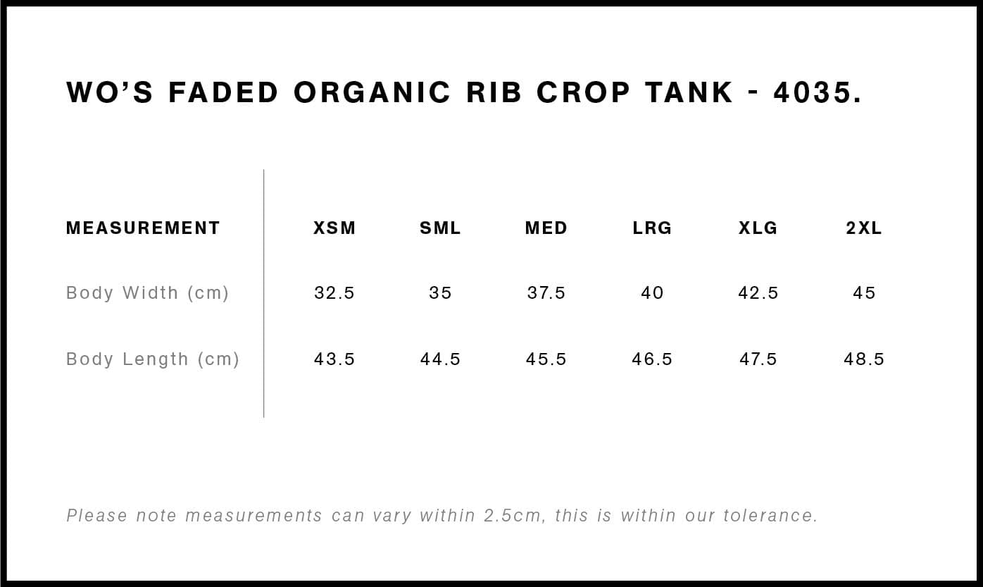 Women's Faded Organic Rib Crop Tank size guide