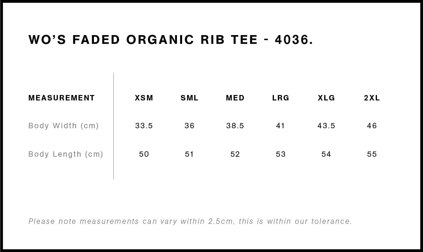 Women's Faded Organic Rib Tee size guide