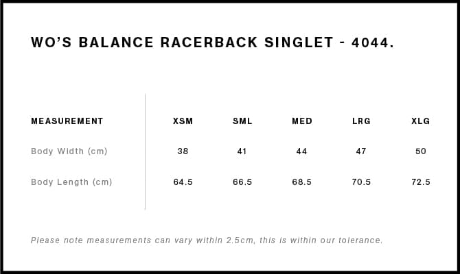 Women's Balance Racerback Singlet size guide