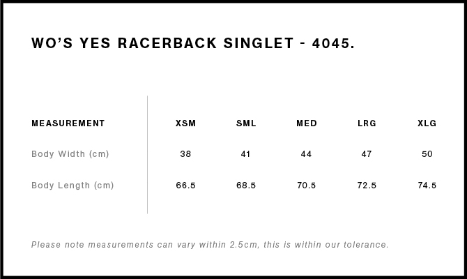 Women's Yes Racerback Singlet size guide