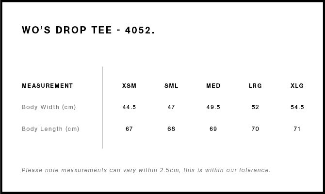 Women's Drop Tee size guide