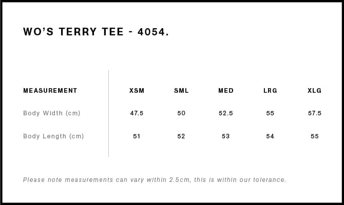 Women's Terry Tee size guide