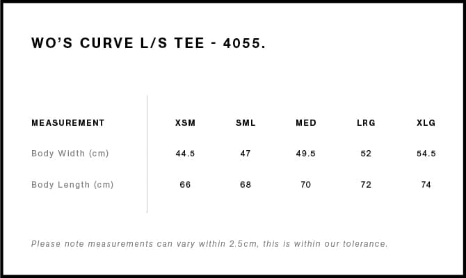 Women's Curve L/S Tee size guide
