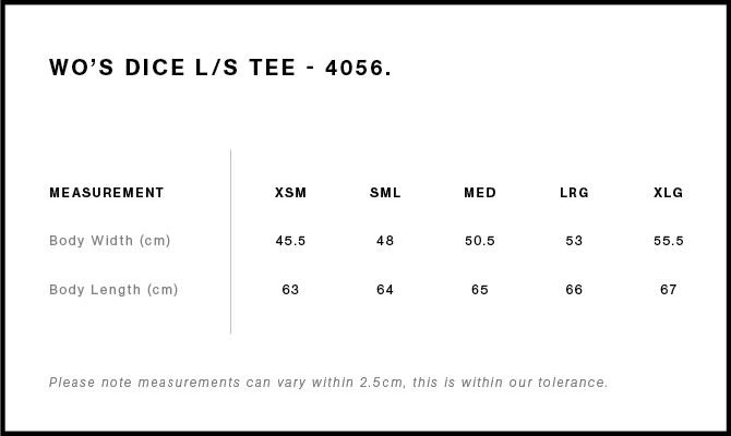 Women's Dice L/S Tee size guide