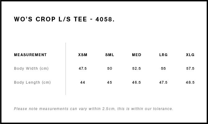 Women's Crop L/S Tee size guide