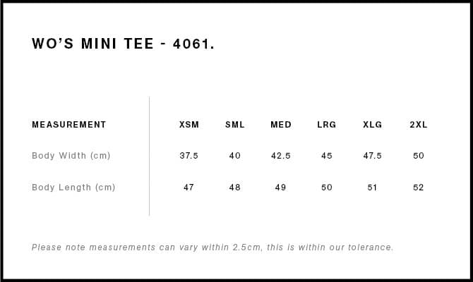Women's Organic Mini Tee size guide