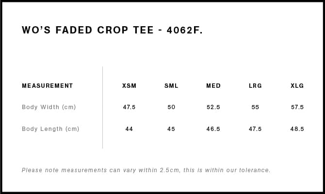 Women's Faded Crop Tee size guide