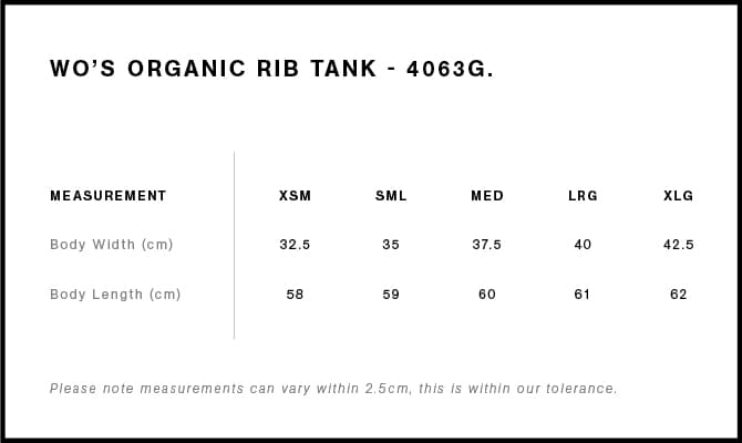 Women's Organic Rib Tank size guide