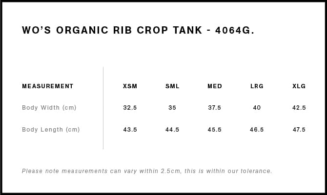 Women's Organic Rib Crop Tank size guide