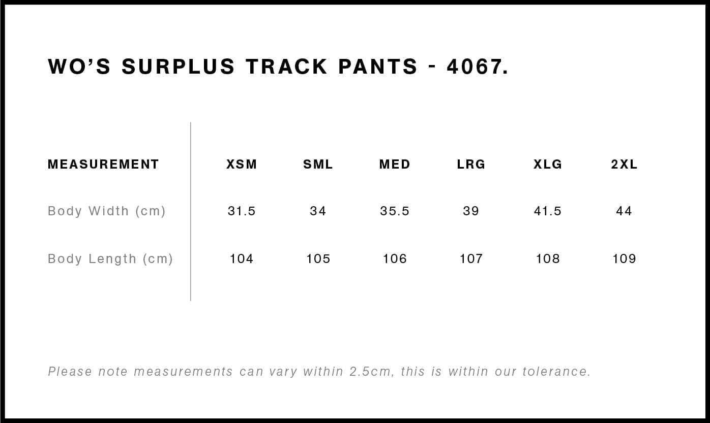 Women's Surplus Track Pant size guide