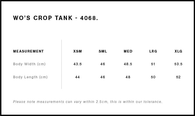 Women's Crop Tank size guide