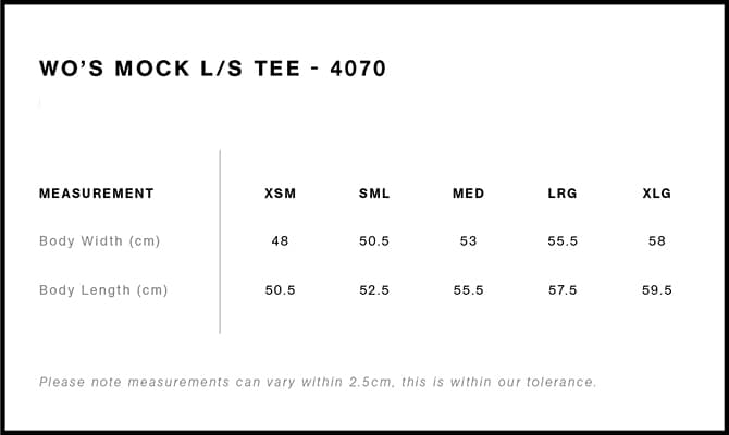Women's Mock L/S Tee size guide