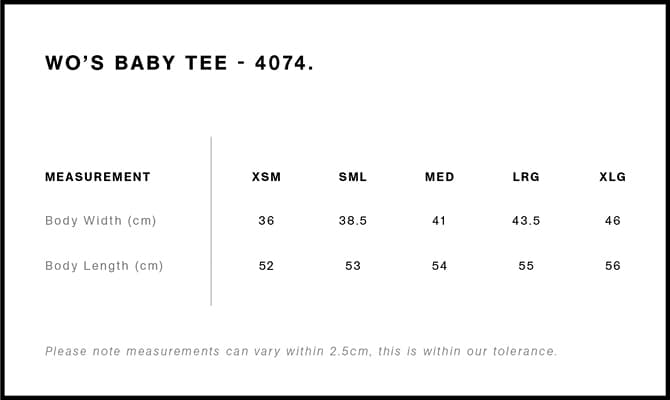 Women's Organic Rib Baby Tee size guide