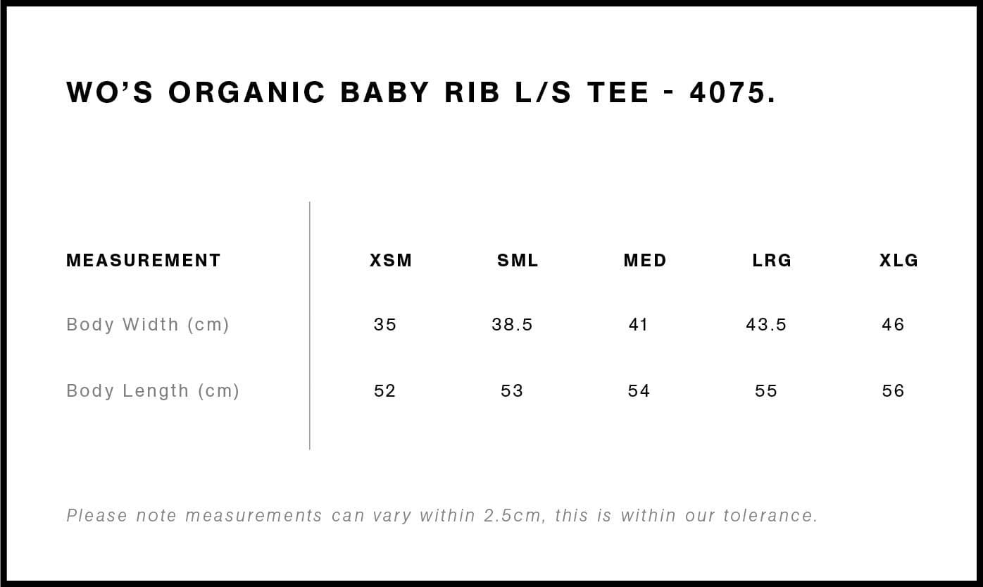 Women's Organic Baby Rib L/S Tee size guide