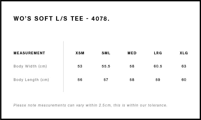 Women's Soft L/S Tee size guide