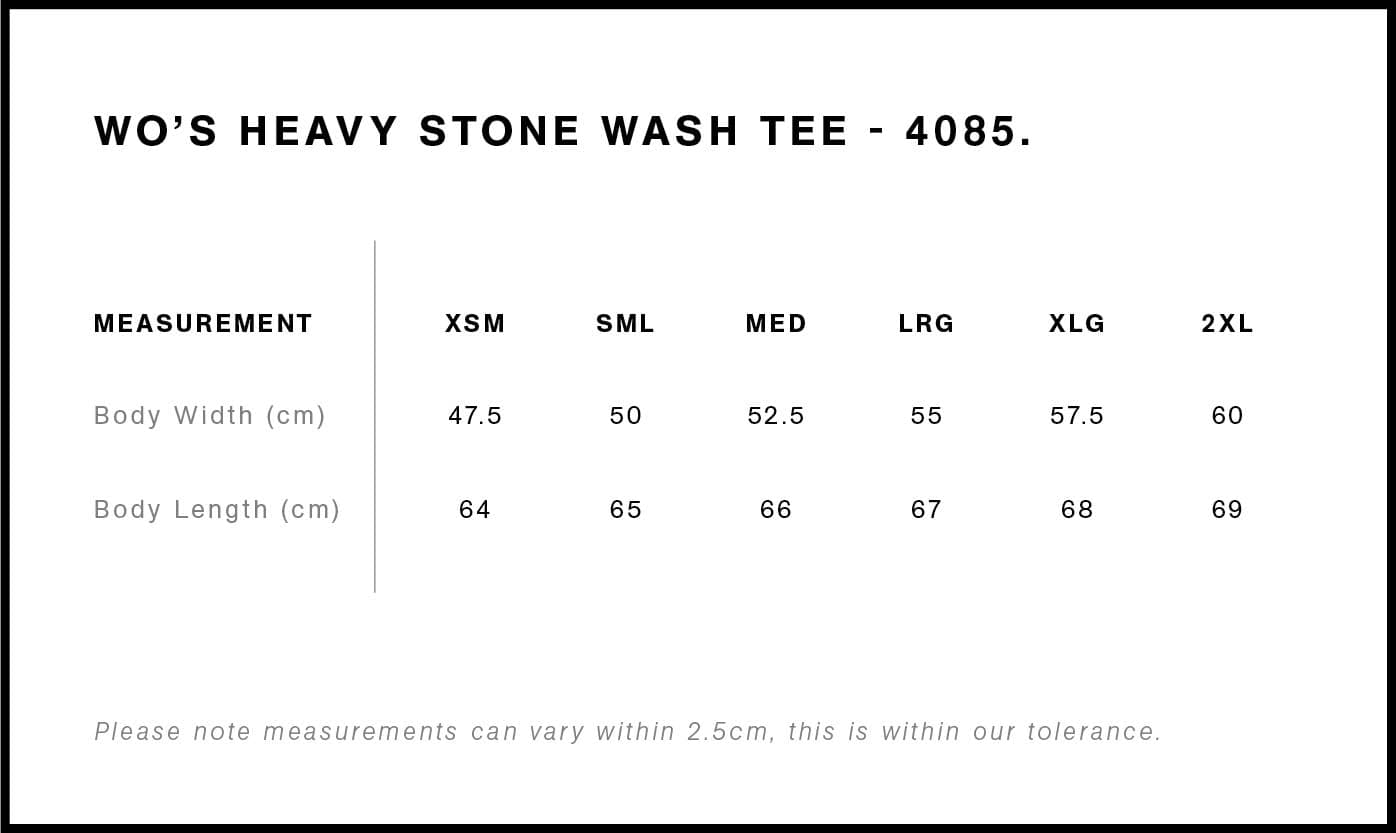 Women's Stone Wash Heavy Tee size guide