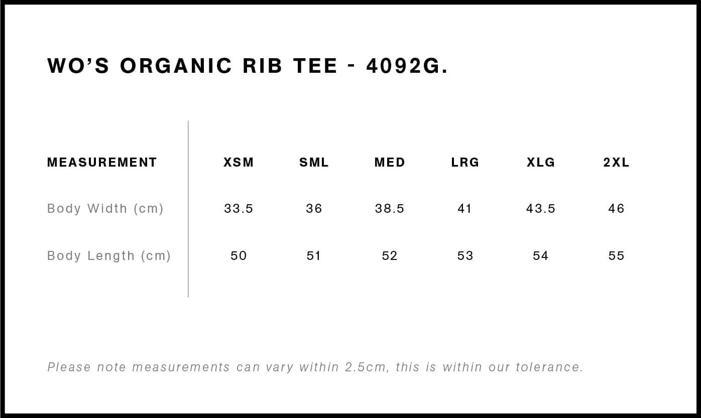 Women's Organic Rib Tee size guide