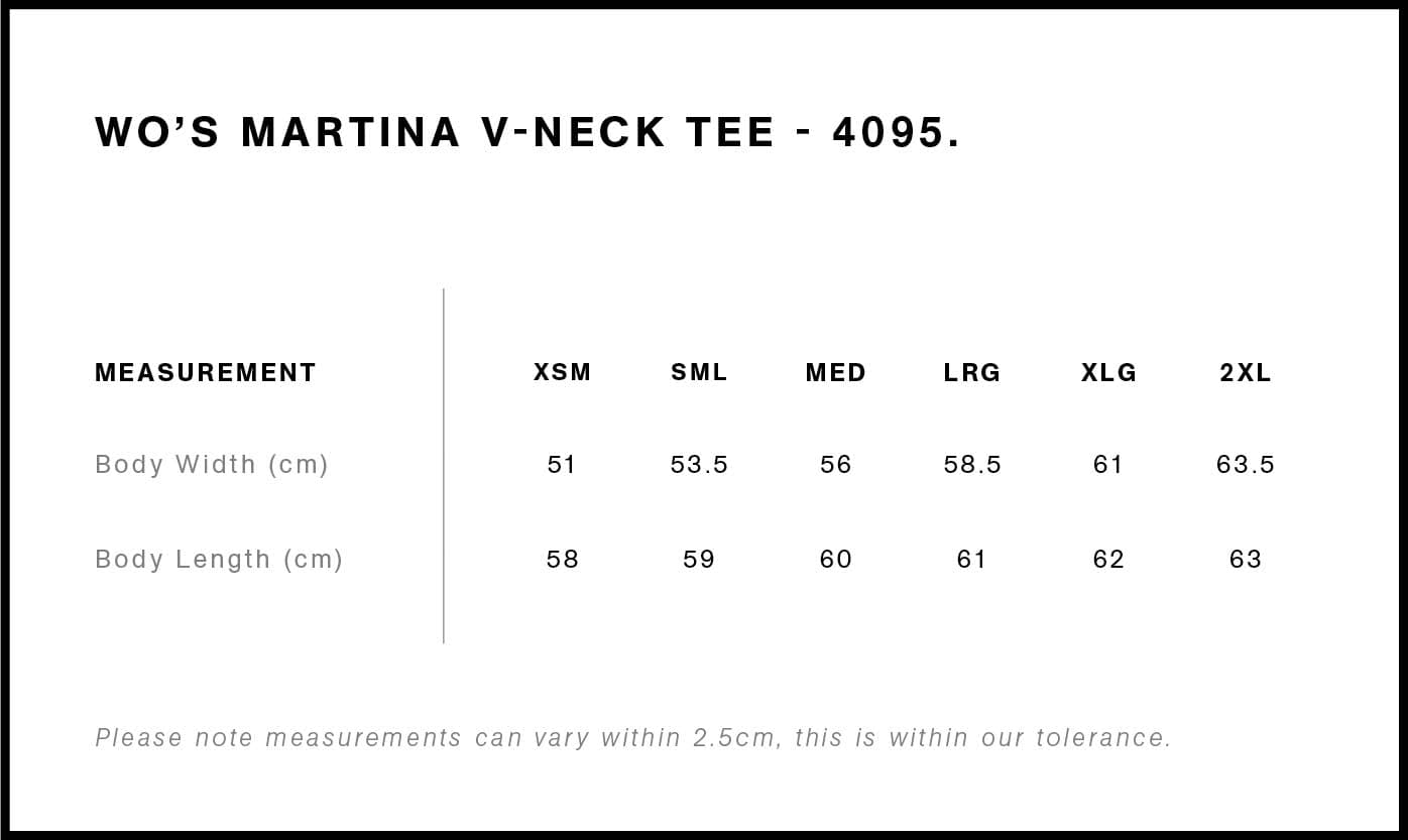 Women's Martina V Neck Tee size guide