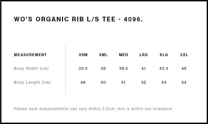 Women's Organic Rib L/S Tee size guide