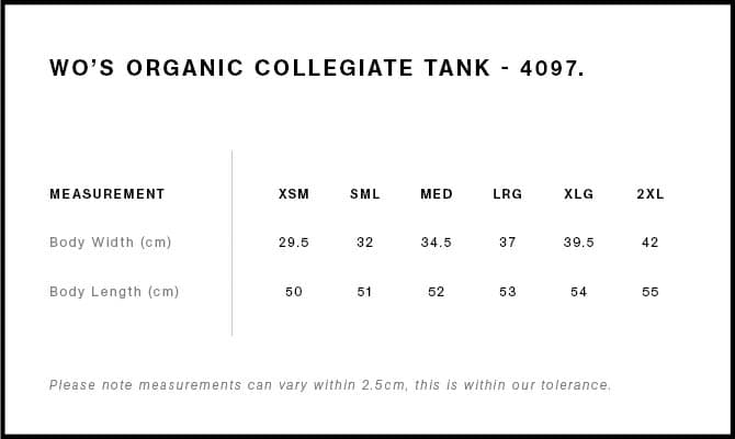 Women's Organic Collegiate Tank size guide