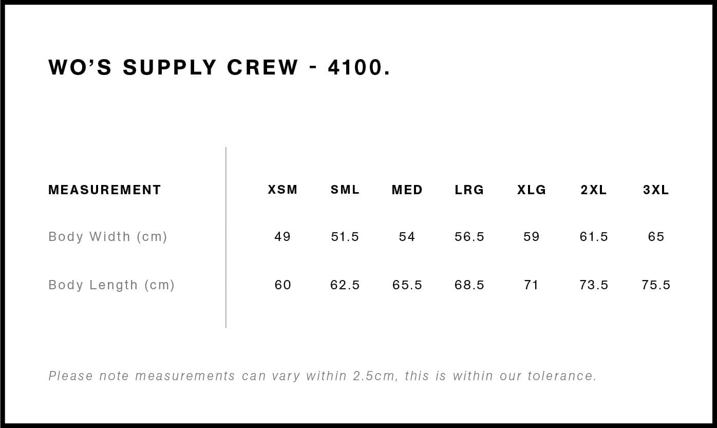 Women's Supply Crew size guide