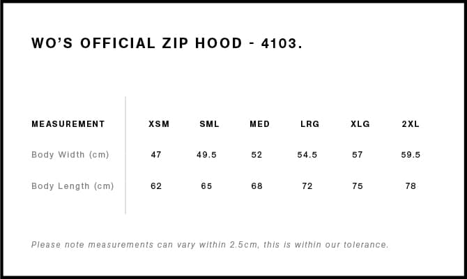 Women's Official Zip Hood size guide