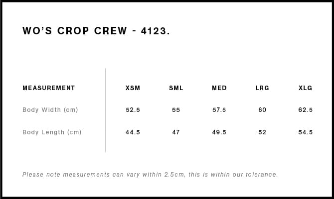 Women's Crop Crew size guide