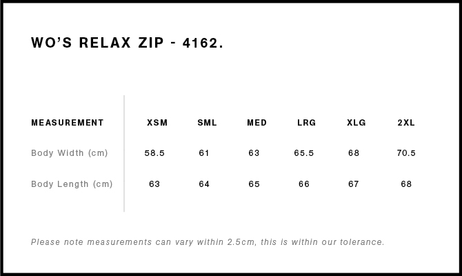 Women's Relax Zip Hood size guide
