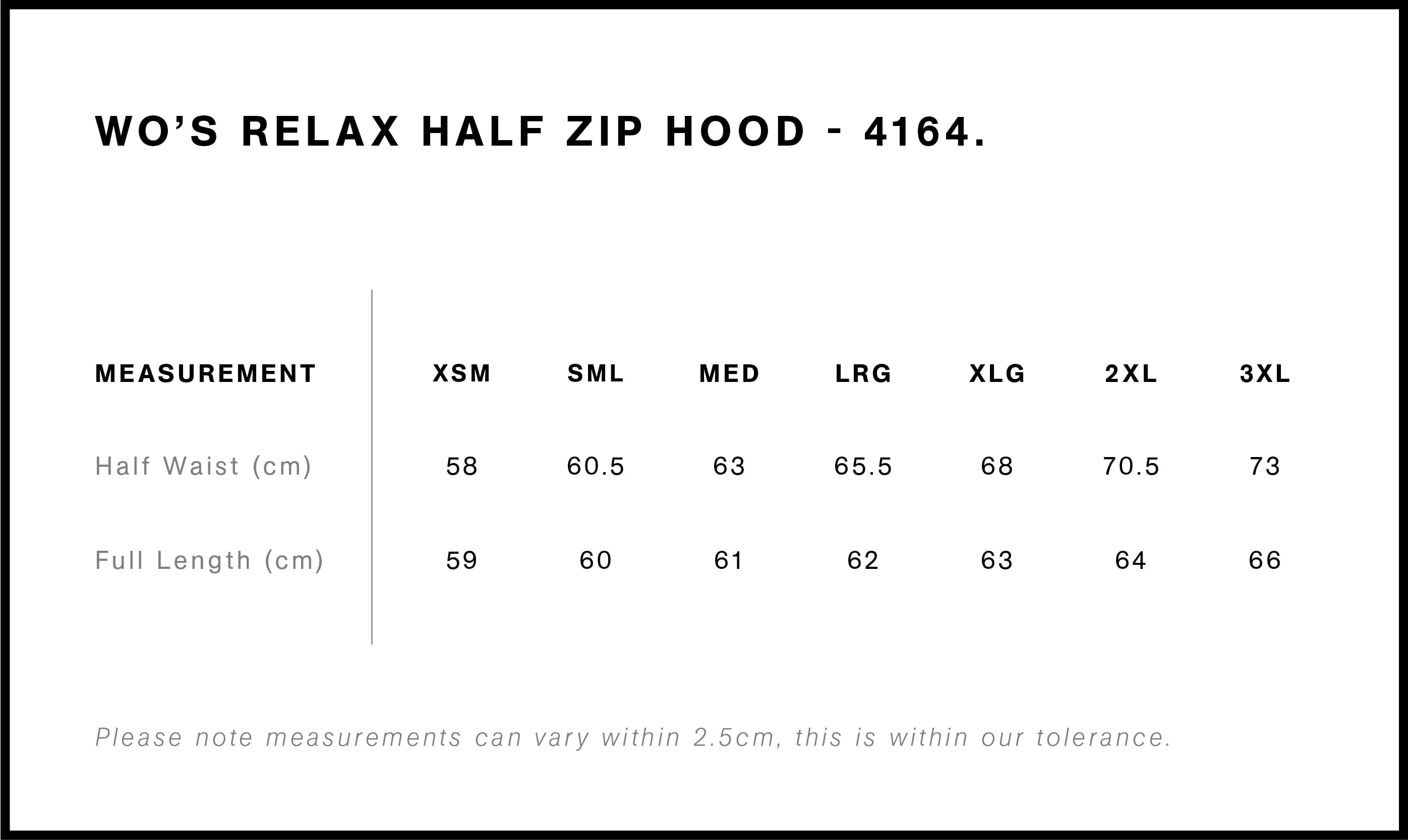 Women's Relax Half Zip Hood size guide