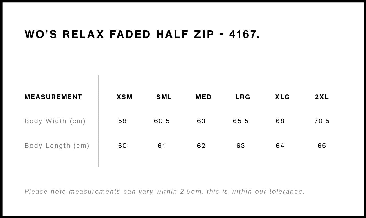 Women's Relax Faded Half Zip size guide