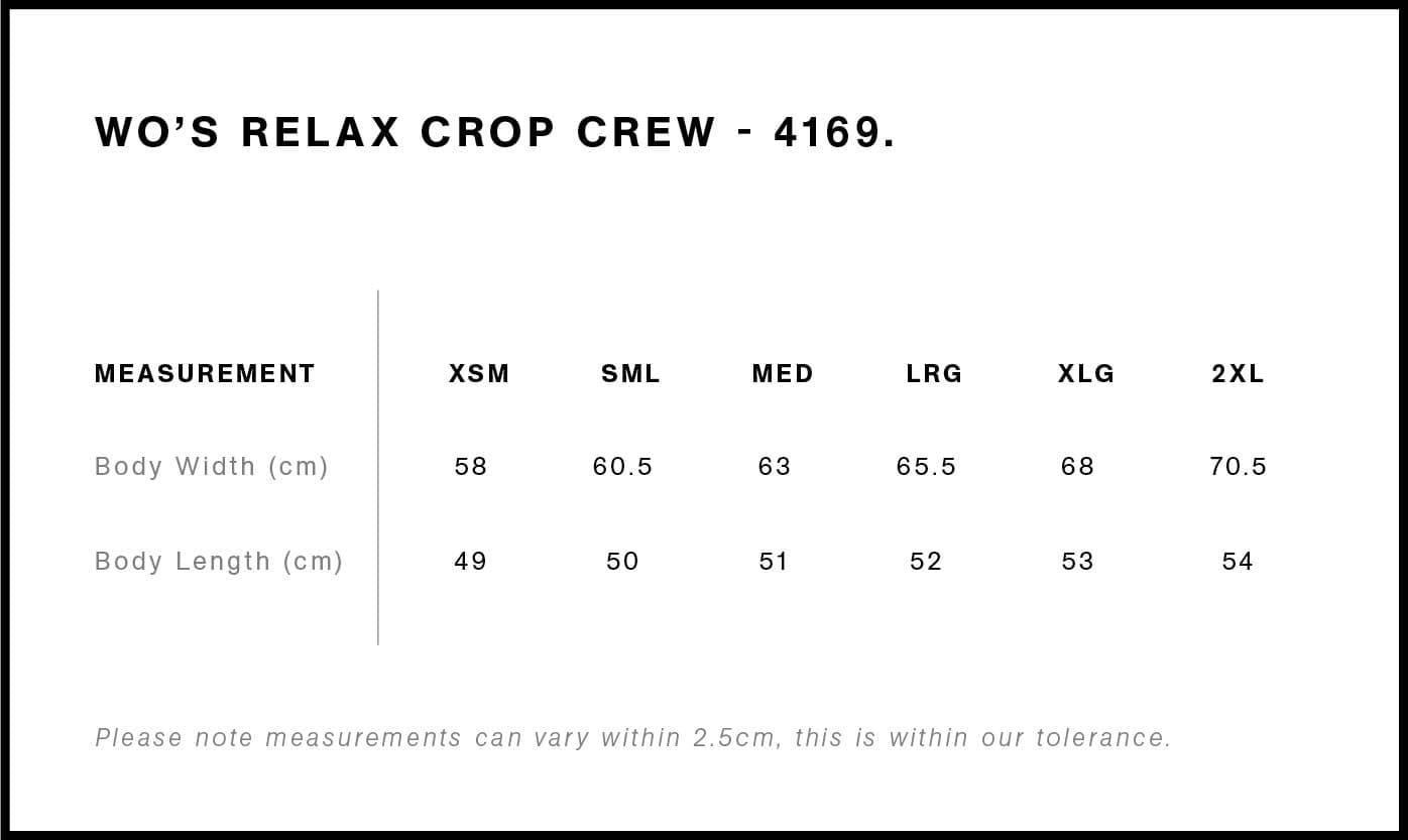 Women's Relax Crop Crew size guide