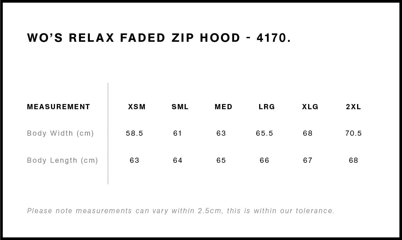 Women's Relax Faded Zip Hood size guide
