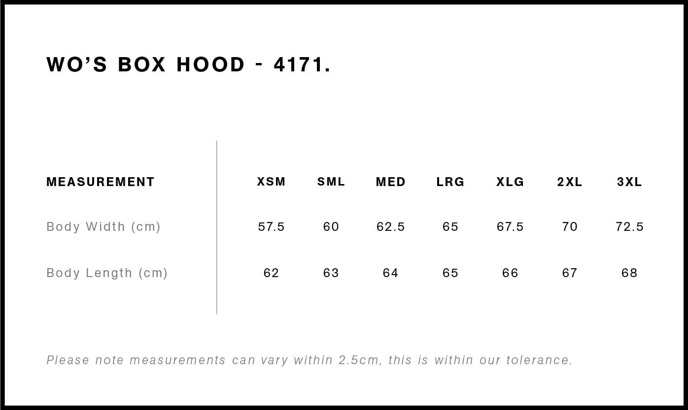 Women's Box Hood size guide